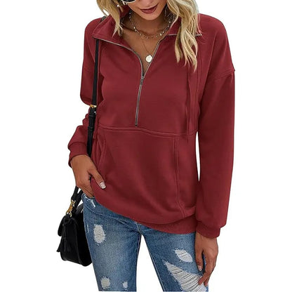 PrettyGarden Women's Casual Long Sleeve Lapel Zipper Sweatshirt Drawstring Loose Pullover Tops Fall Sweater-Womenswear Cotton Fabric