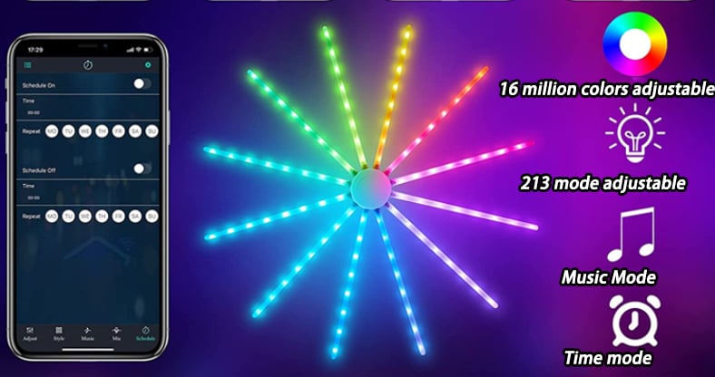Fireworks LED app color, lighting mode, music and timer controls