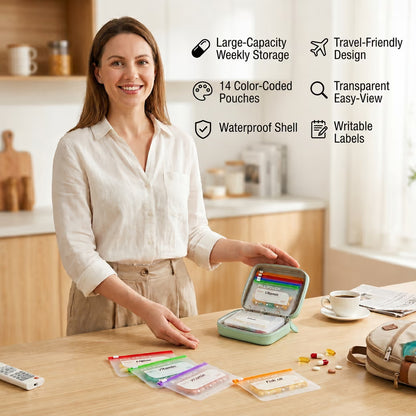 💊A8 Waterproof 14-Pouch Weekly Pill Organizer, Color-Coded Travel Storage for Vitamins & Supplements