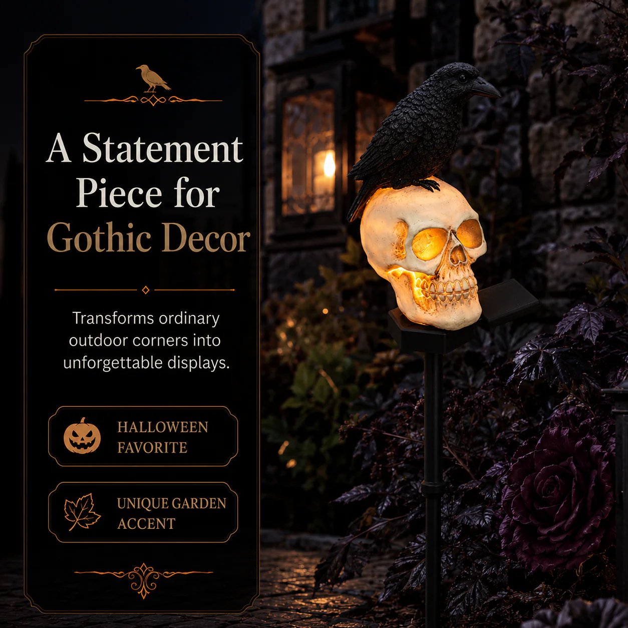 🐦‍⬛Animated Raven Skull Solar Garden Stake💀 | Halloween Outdoor Yard Decor