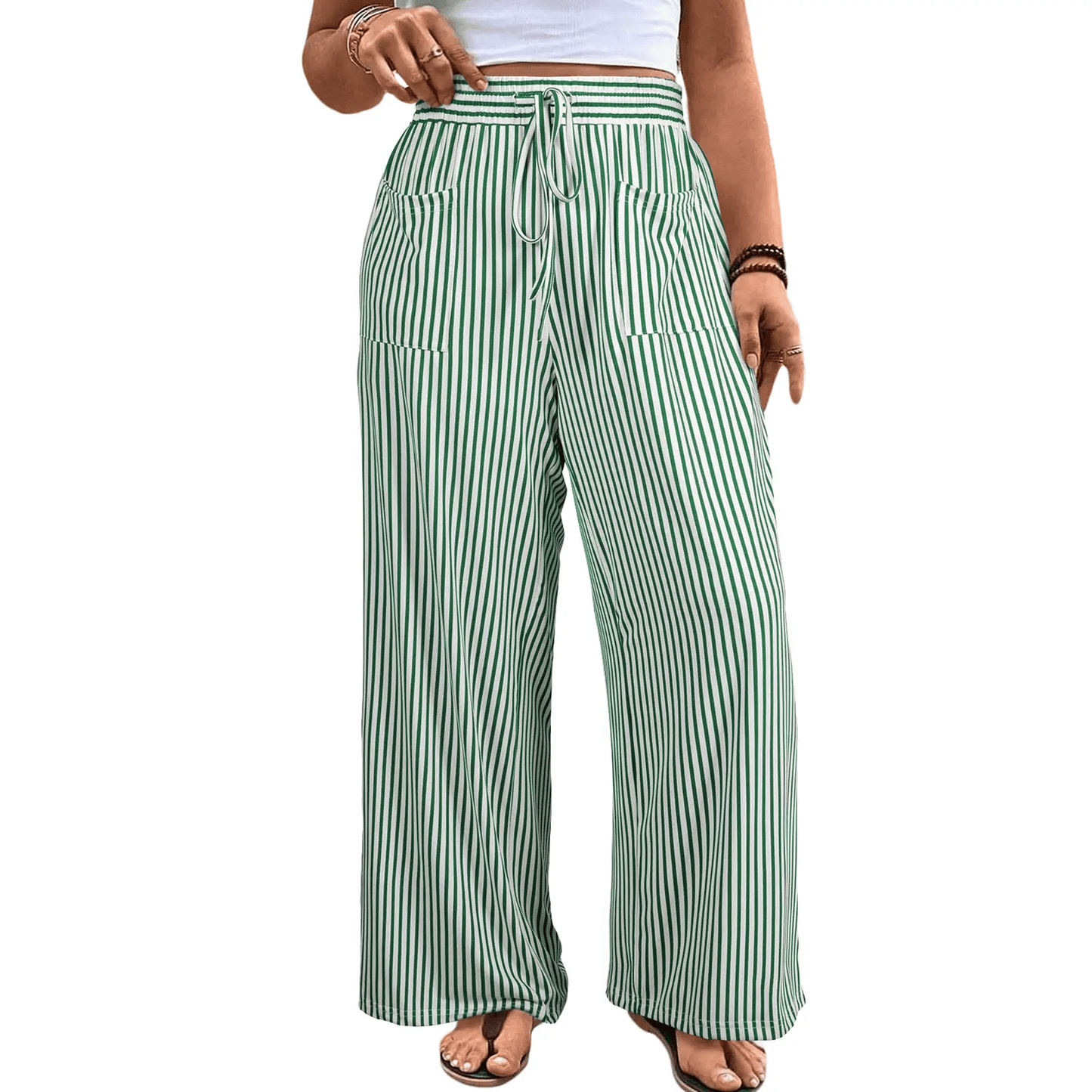 Womens Plus Size Wide Leg Pants Elastic High Waist Striped Casual Palazzo Pants Lounge Trouser with Pockets (1X-5X)