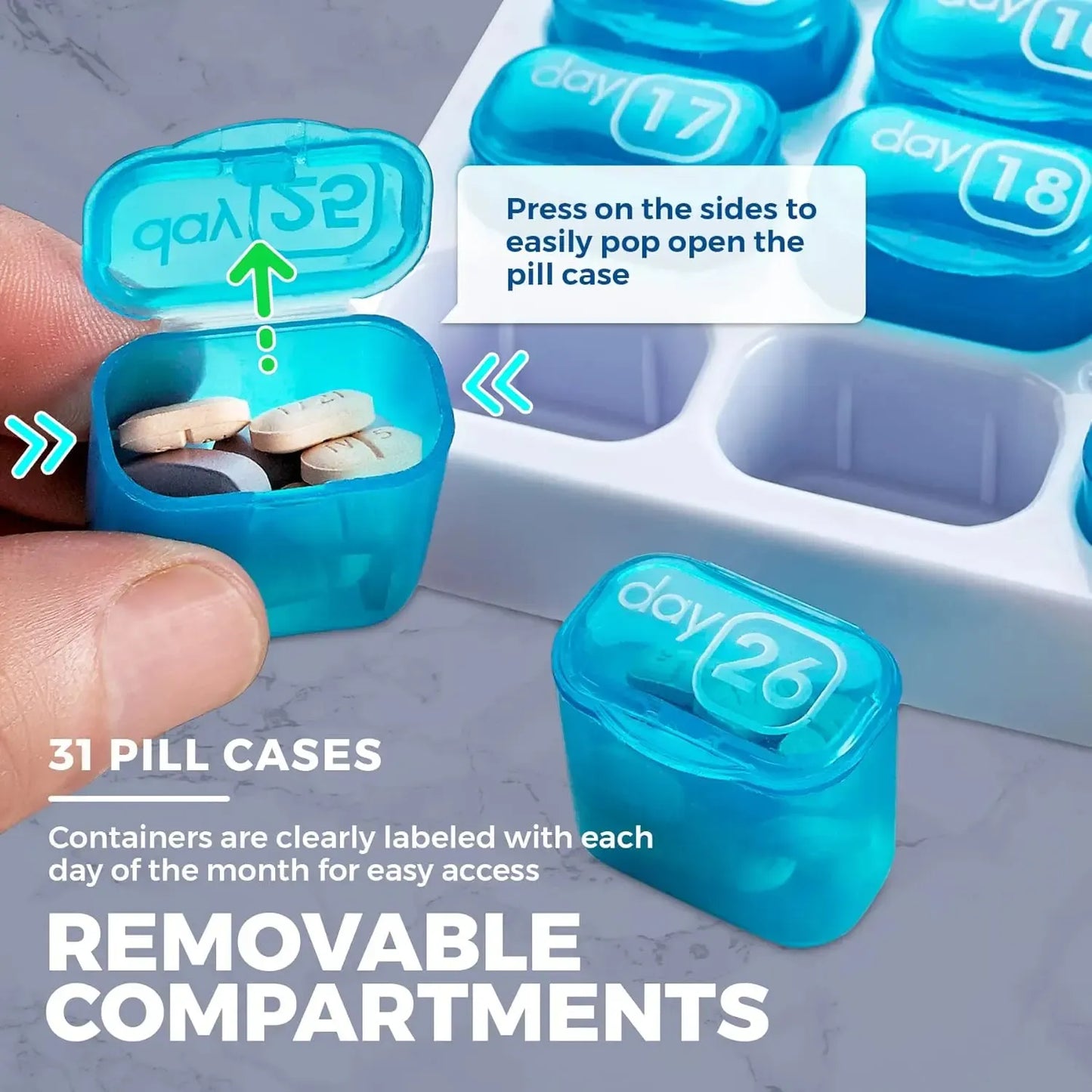 🔥✨31-Day Monthly Pill Box: Easy-Open Lids, Removable Pods, Date Reminder, Travel Case