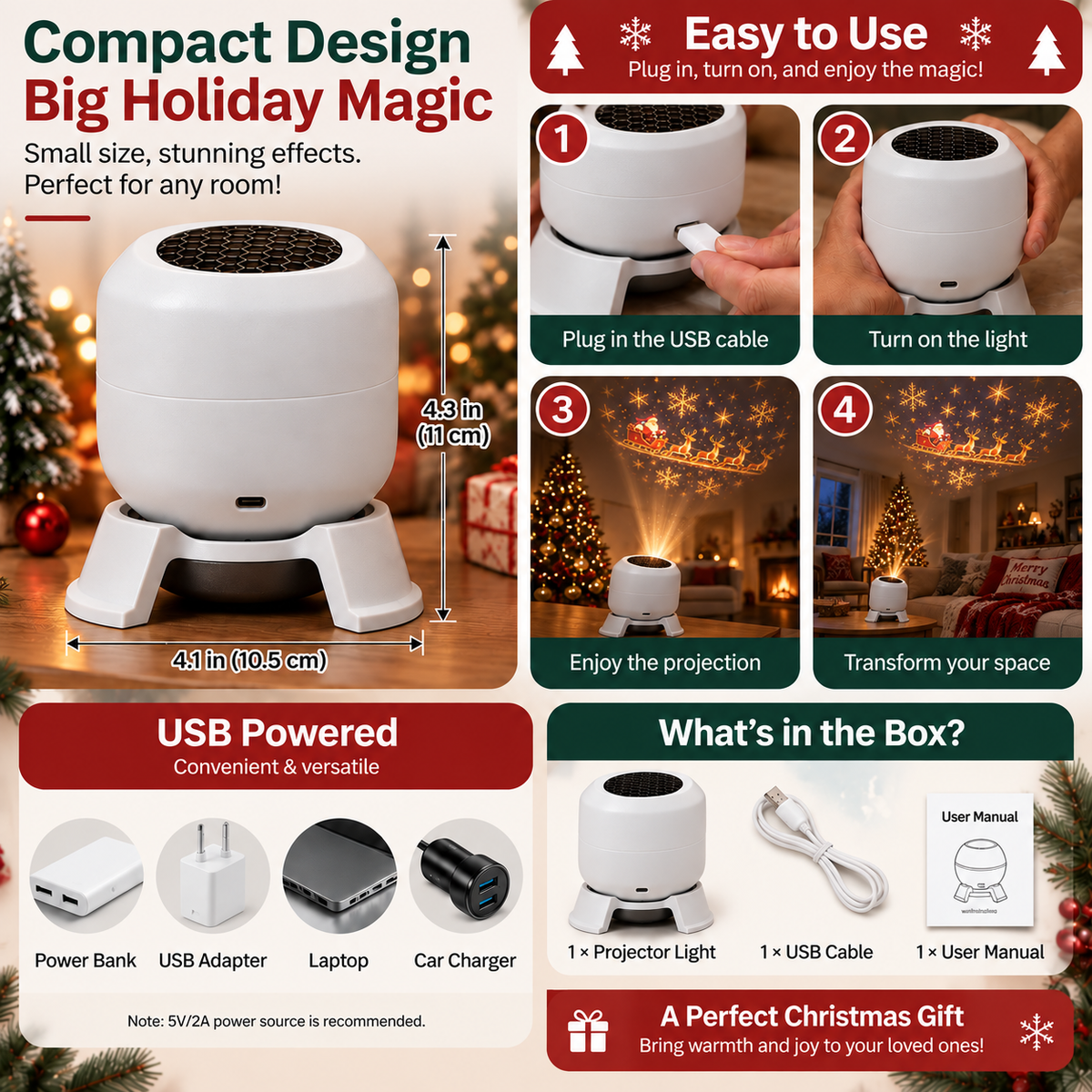 🎄 Magical Christmas Projection Night Light – Transform Any Room Into A Holiday Wonderland