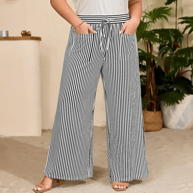 Womens Plus Size Wide Leg Pants Elastic High Waist Striped Casual Palazzo Pants Lounge Trouser with Pockets (1X-5X)