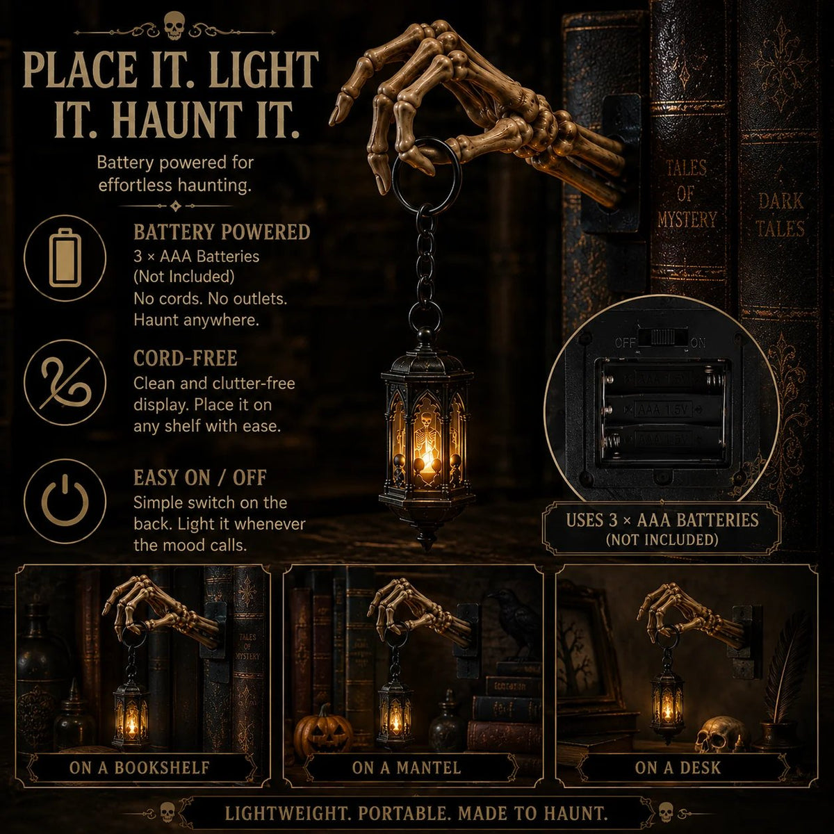 ⏳ Last Day 49% OFF – 💀 Skeleton Hand Lantern Bookshelf Light | Battery-Powered Gothic Shelf Décor with Warm Amber LED, Cord-Free Design & No-Tool Setup 🕯️