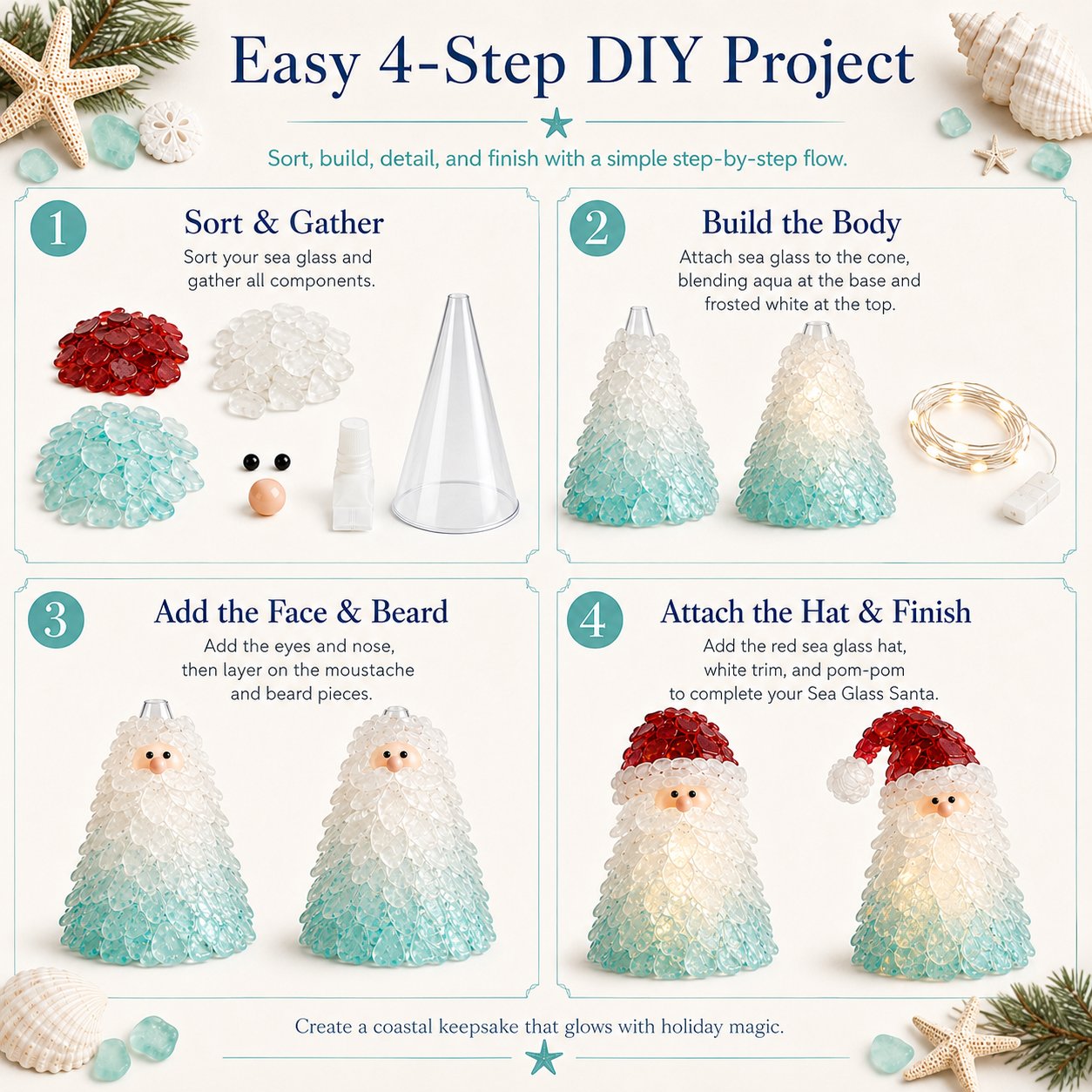 🔥Last Day 49% OFF – 🎅 Beginner-Friendly DIY Lighted Sea Glass Santa Christmas Decor Kit
