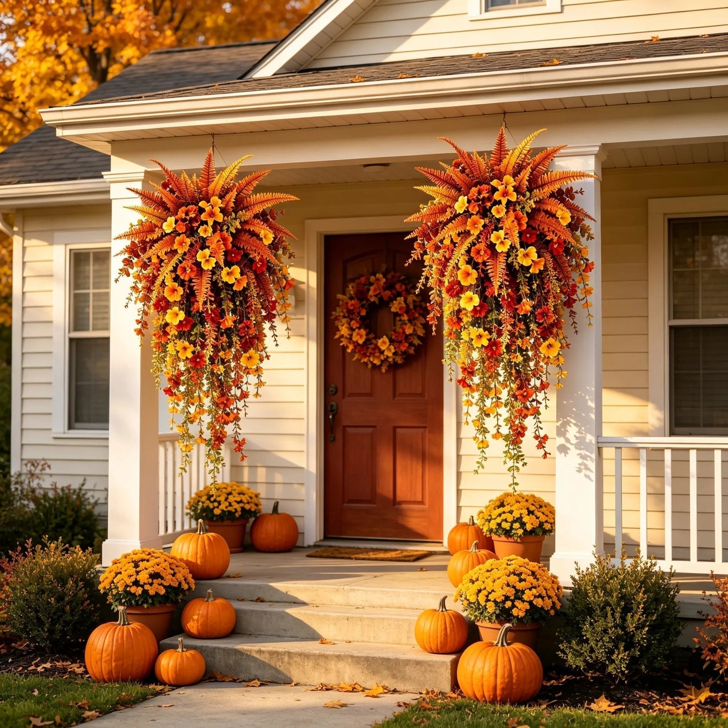 🍂ARTIFICIAL FALL HARVEST HANGING BASKET - AUTUMN PORCH & DOOR DECORATION