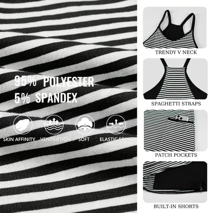 Women's Summer Sleeveles Striped Mini Dress with Built-in Shorts V Neck