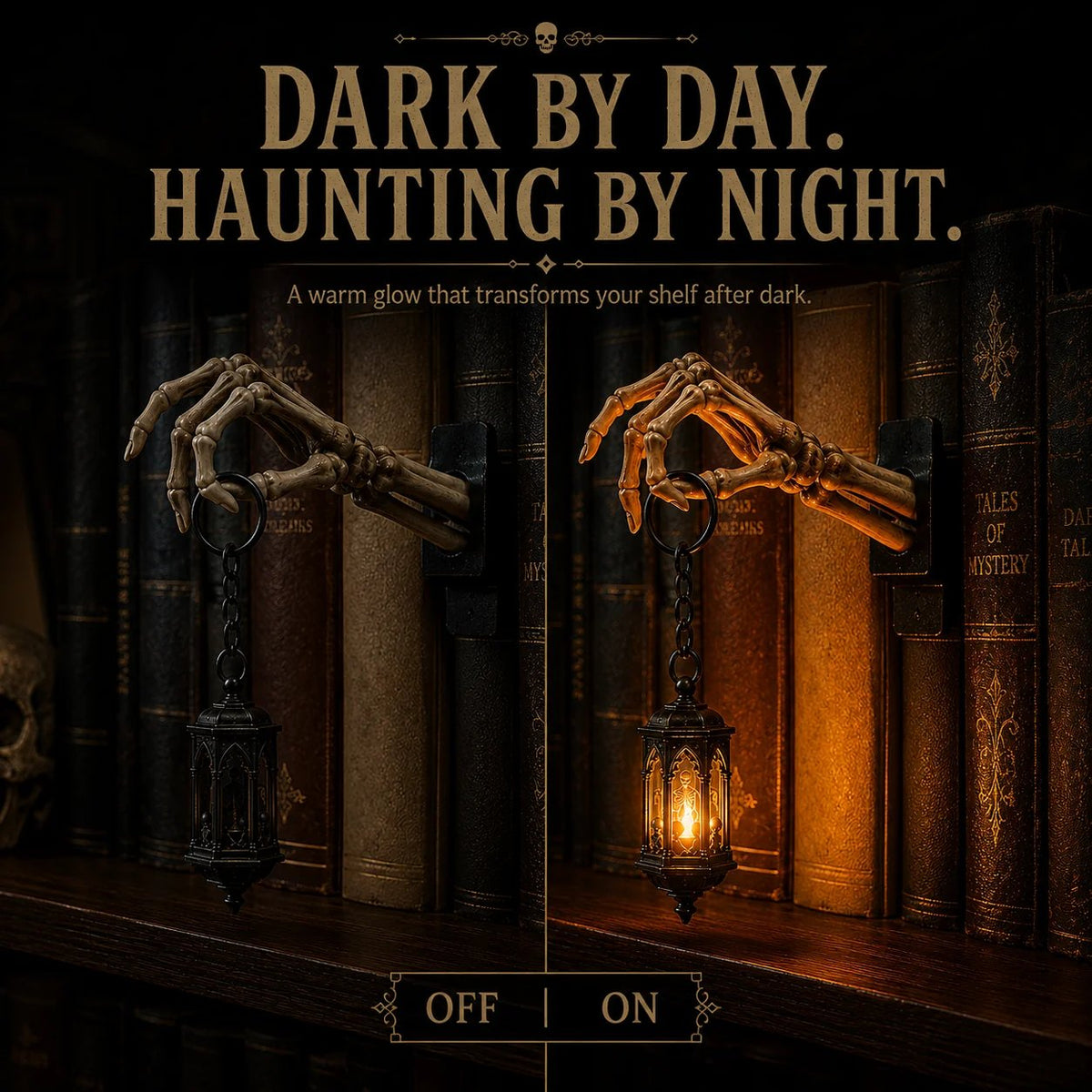 ⏳ Last Day 49% OFF – 💀 Skeleton Hand Lantern Bookshelf Light | Battery-Powered Gothic Shelf Décor with Warm Amber LED, Cord-Free Design & No-Tool Setup 🕯️