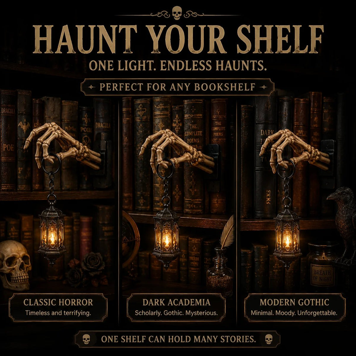 ⏳ Last Day 49% OFF – 💀 Skeleton Hand Lantern Bookshelf Light | Battery-Powered Gothic Shelf Décor with Warm Amber LED, Cord-Free Design & No-Tool Setup 🕯️