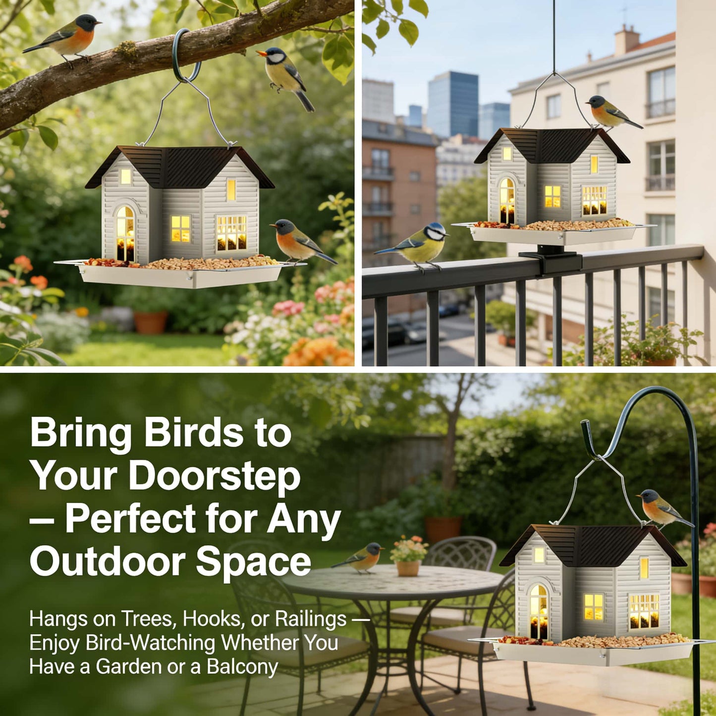 🎁  Last Day 60% OFF - 🏠Solar‐Powered Hanging Bird Feeder with Glow – Sturdy Metal Hopper Design🌙🐦