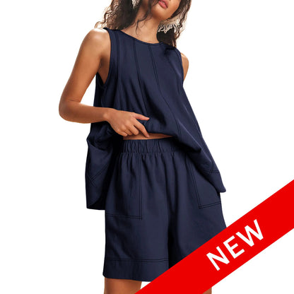 Women's 2 Piece Outfits Sleeveless Matching Sets A Line Tank Tops Contrast Stitching High Waist Shorts with Pockets, 2 Piece Sets, Women 2 Piece Sets,summerwins