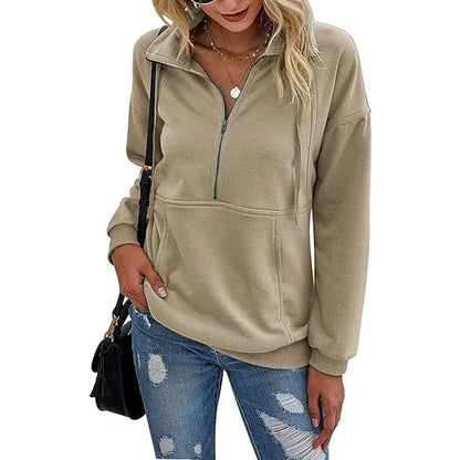 PrettyGarden Women's Casual Long Sleeve Lapel Zipper Sweatshirt Drawstring Loose Pullover Tops Fall Sweater-Womenswear Cotton Fabric