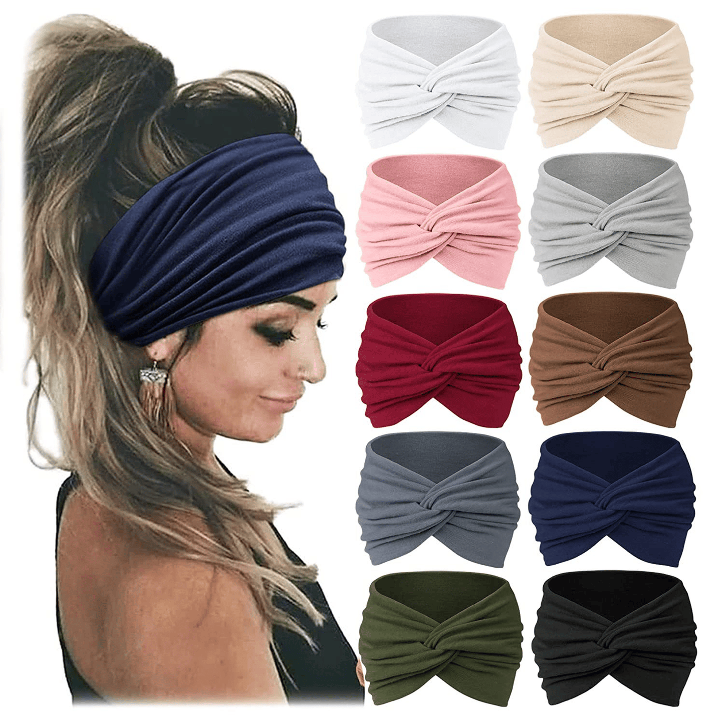 10 Pack Wide Knotted Turban Headbands for Women