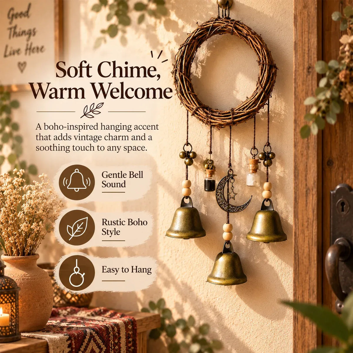 Boho Moon & Bell Hanging Decor – Rustic Bronze Wall & Door Charm