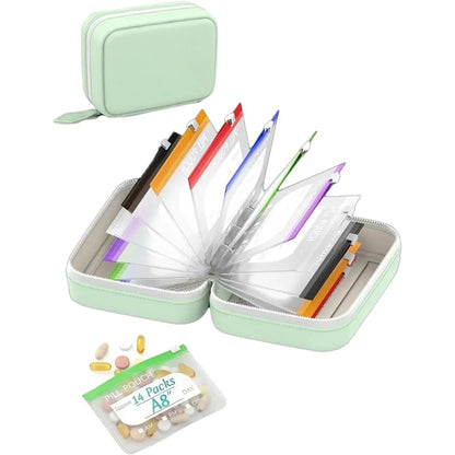 💊A8 Waterproof 14-Pouch Weekly Pill Organizer, Color-Coded Travel Storage for Vitamins & Supplements