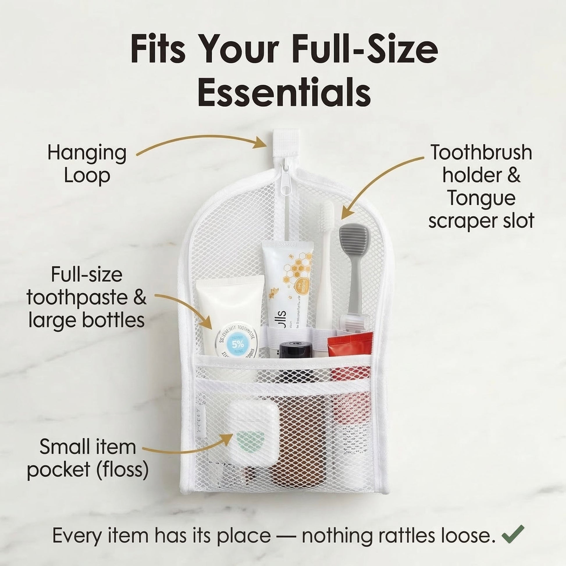 Full-size essentials stored in the travel toiletry pouch