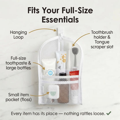Full-size essentials stored in the travel toiletry pouch