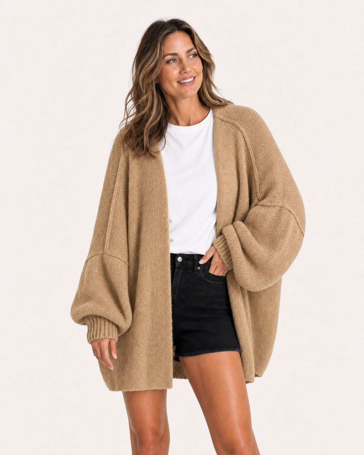 Camel oversized open-front knit cardigan, front view on model