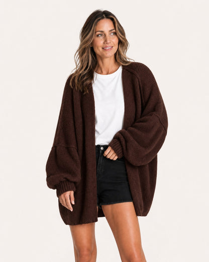 Coffee oversized open-front knit cardigan, front view on model