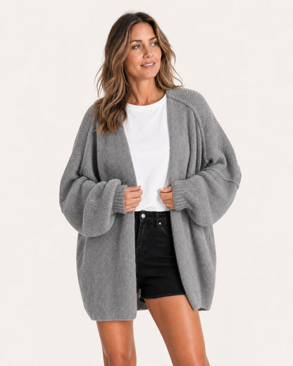 Grey oversized open-front knit cardigan, front view on model