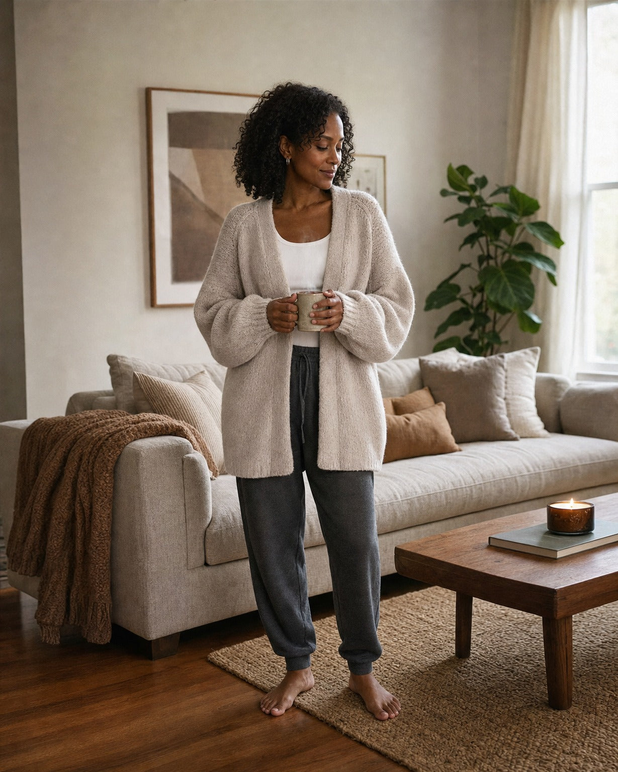 Woman at home in the oatmeal cardigan holding a warm mug