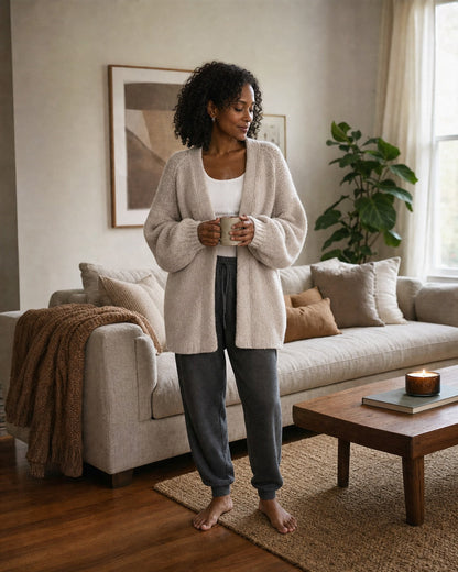 Woman at home in the oatmeal cardigan holding a warm mug