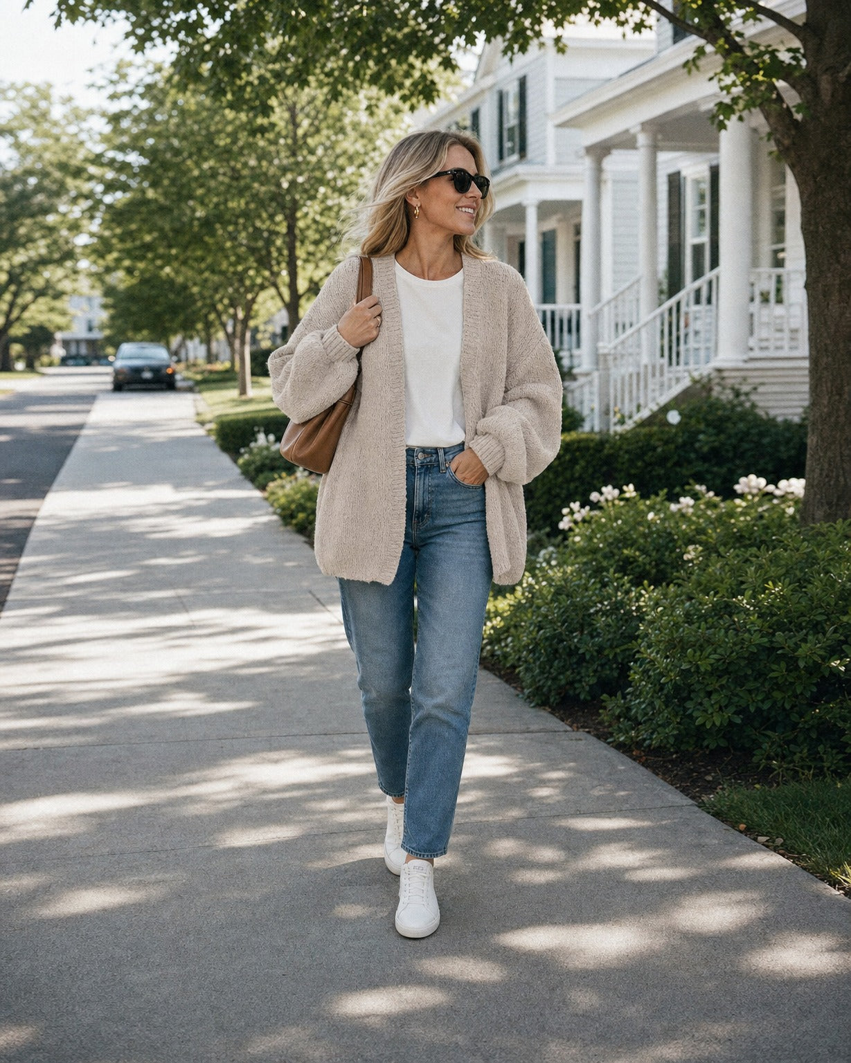 Woman wearing the oatmeal cardigan with a white tee and jeans on a tree-lined street