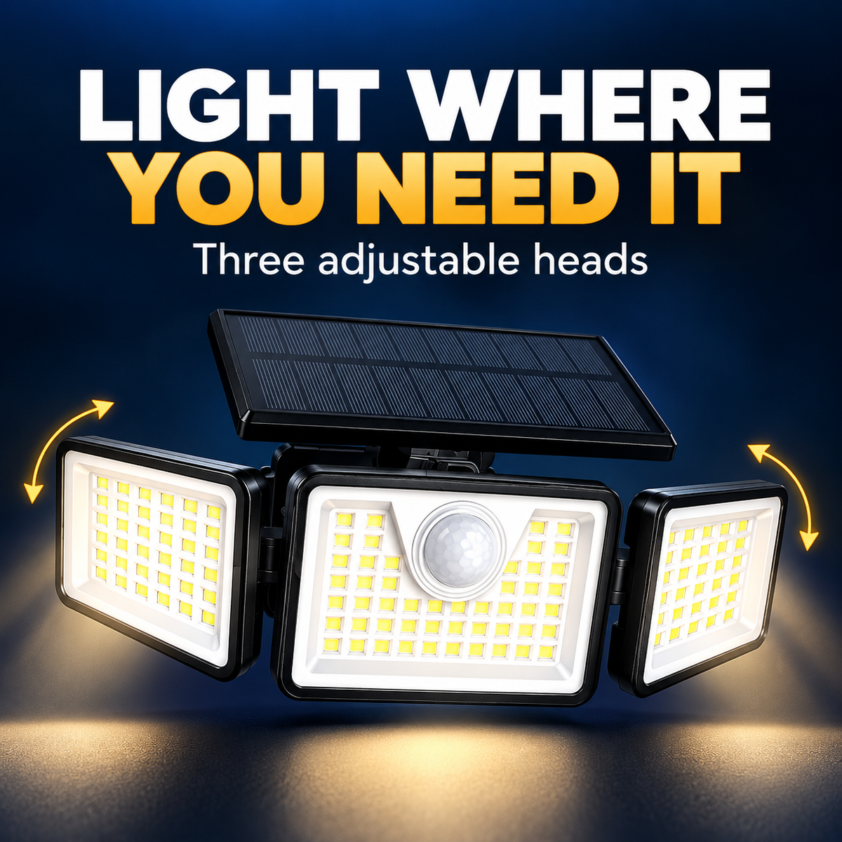 Three adjustable light heads and top solar panel