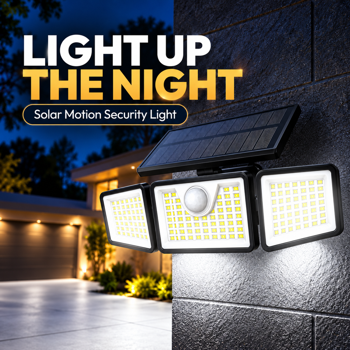 Three-head solar motion light illuminating an outdoor wall
